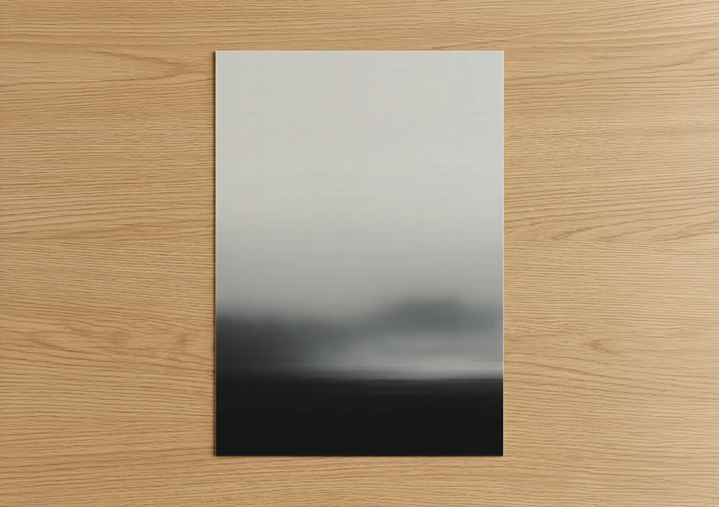 Abstract minimalist art print on warm oak wood — gray and black and white palette — Misty Horizon poster