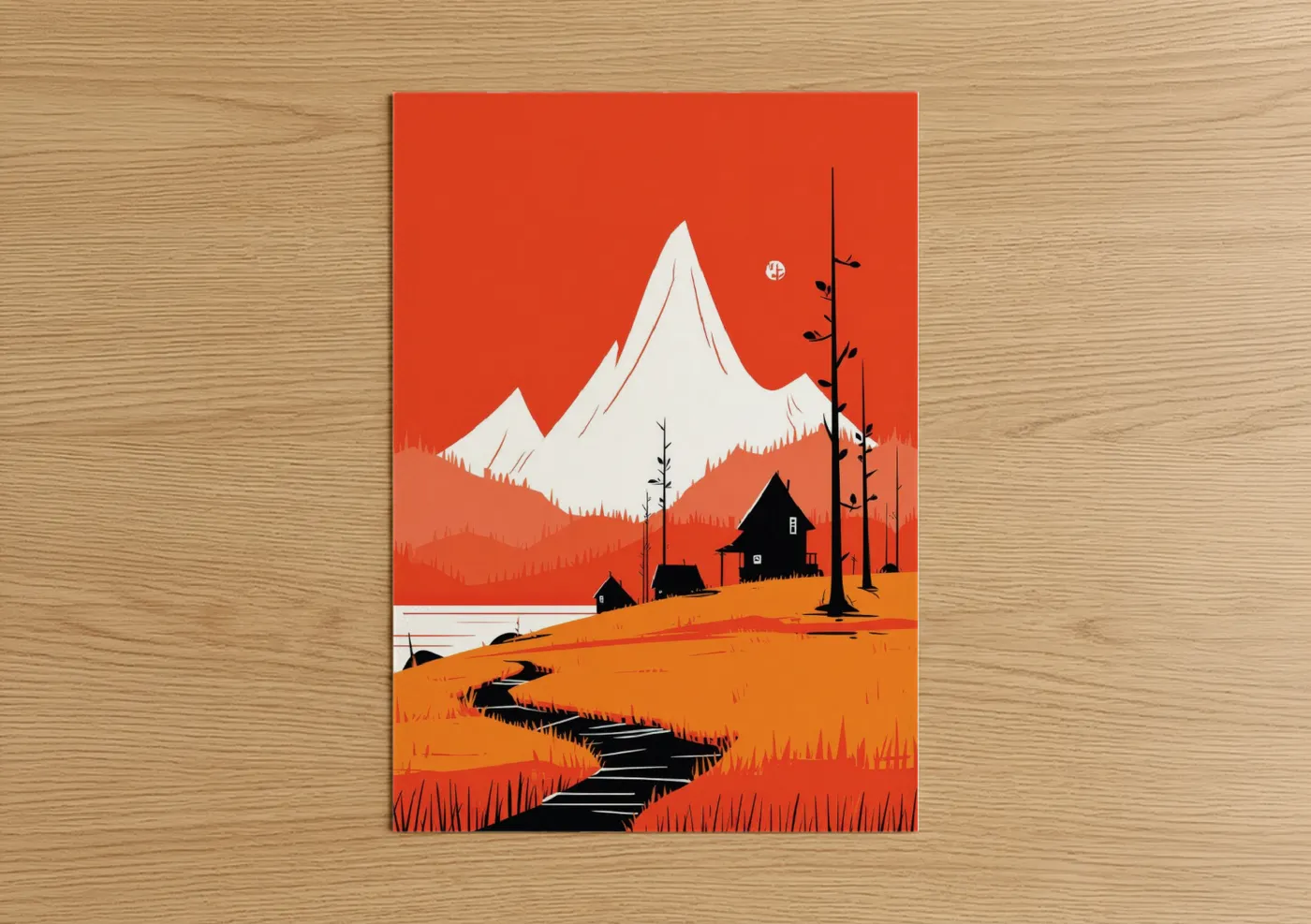 Art print on warm oak wood — orange and white palette — Snowy Mountain Landscape poster