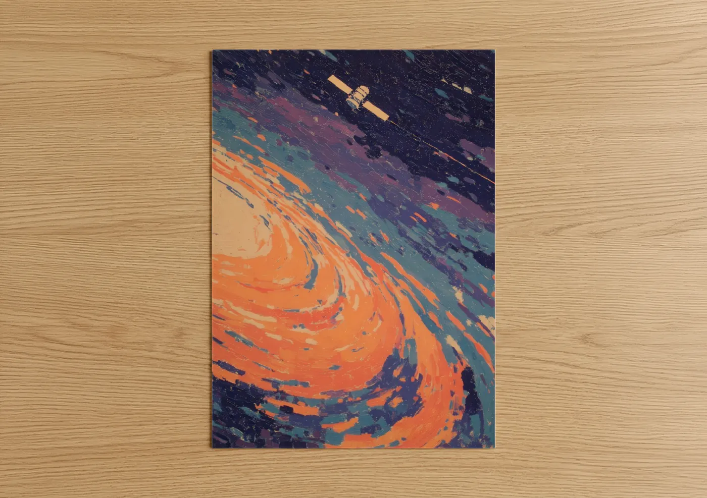 Art print on warm oak wood — orange and teal palette — Orbital Satellite poster