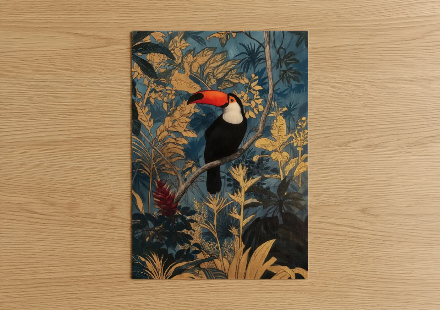 Art print on warm oak wood — teal and gold palette — Golden Toucan poster