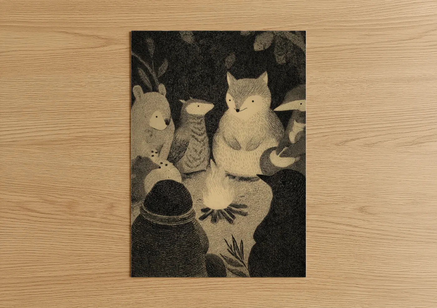 Fairytale art print on warm oak wood — black and white and cream palette — Forest Gathering poster