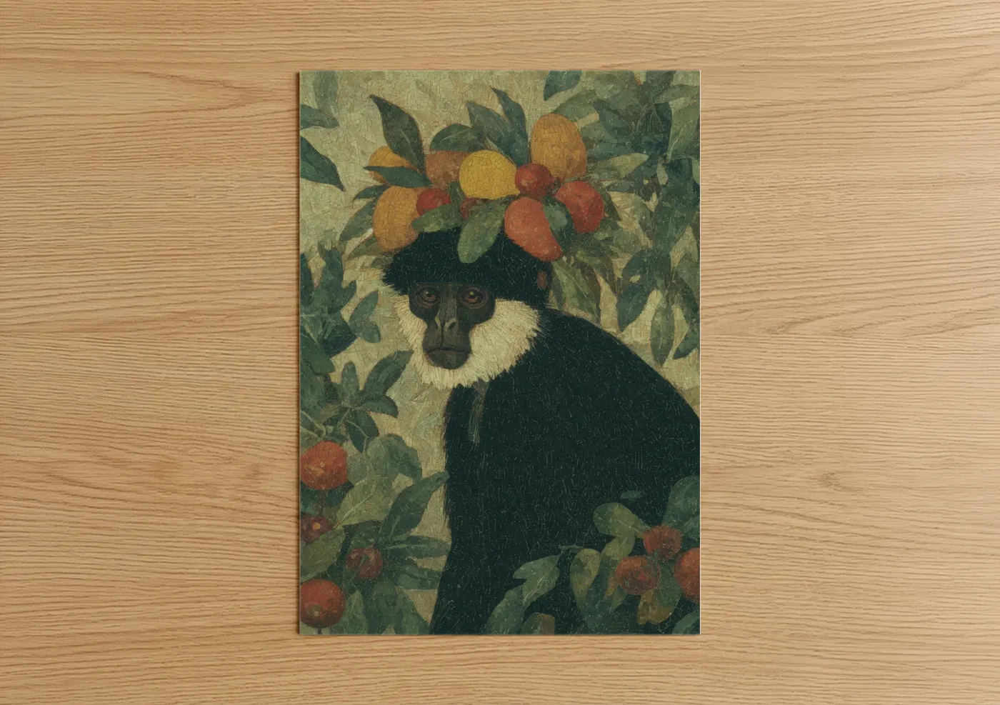 Art print on warm oak wood — dark green and gold palette — Fruit-Crowned Monkey poster