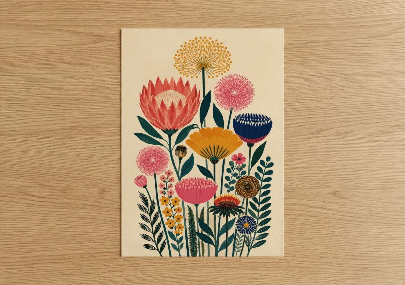 Flower art print on warm oak wood — pink and orange palette — Stylized Botanical Garden Wall Art poster