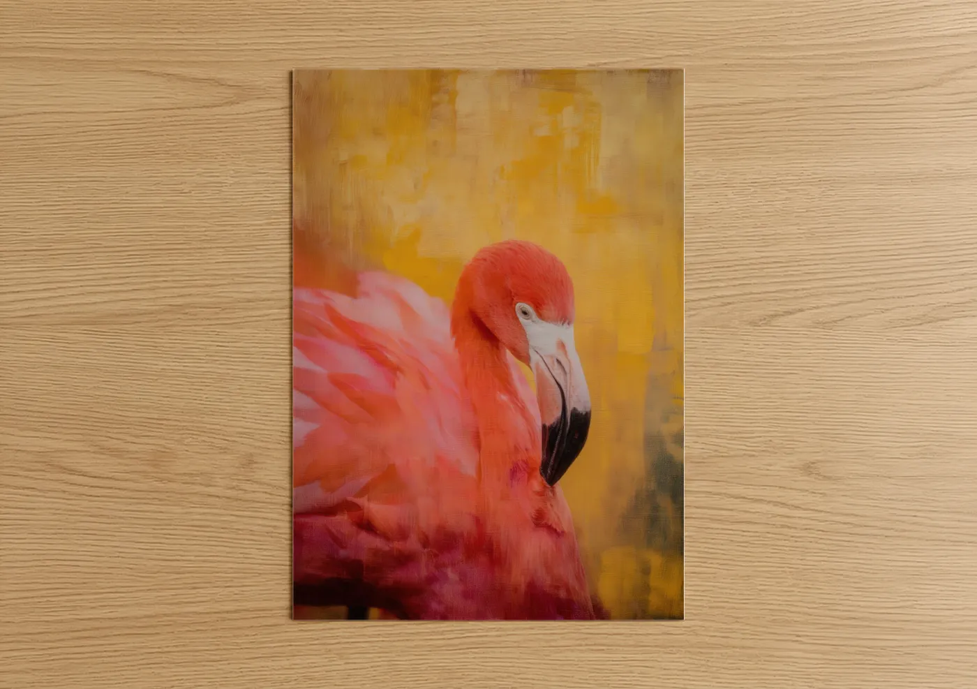 Art print on warm oak wood — red and gold palette — Crimson Flamingo poster