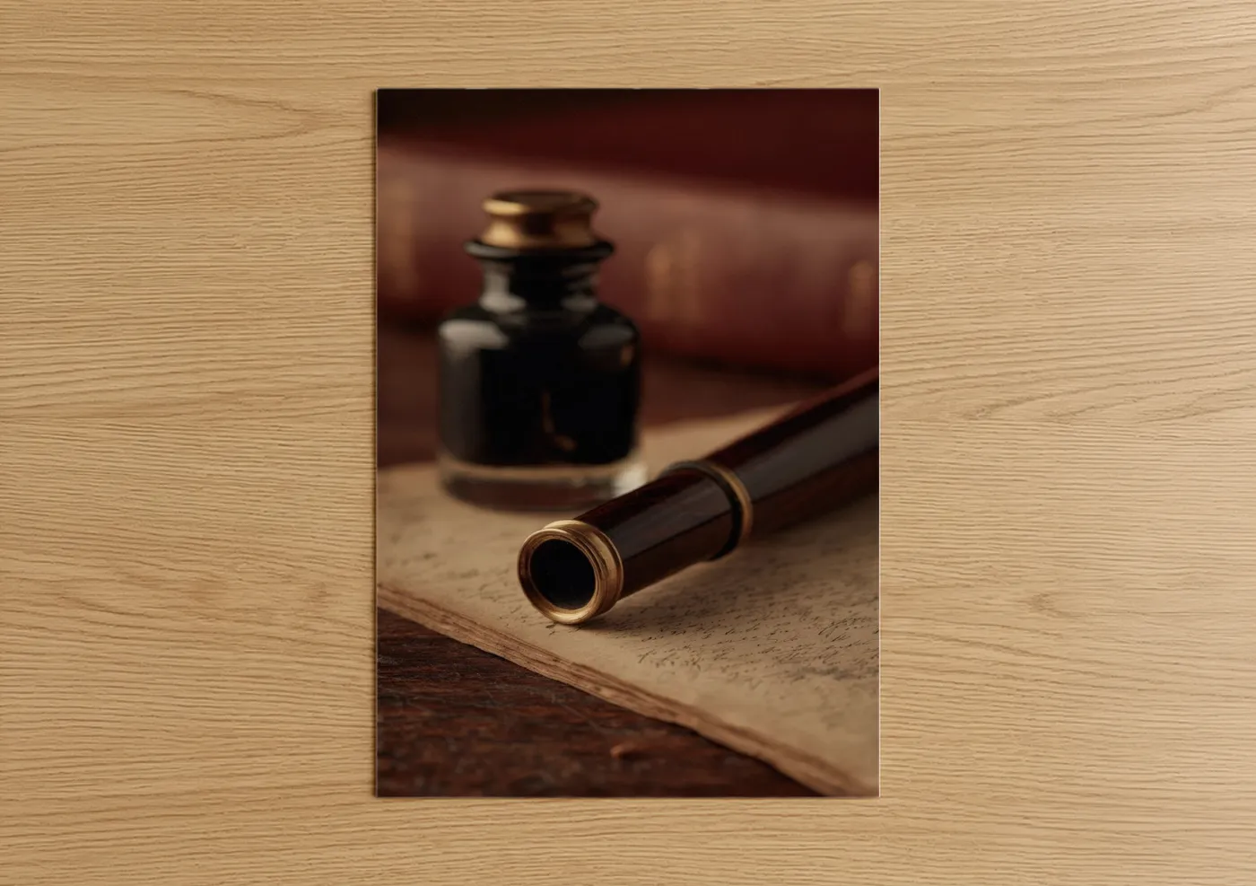Art print on warm oak wood — maroon and gold palette — Vintage Spyglass poster
