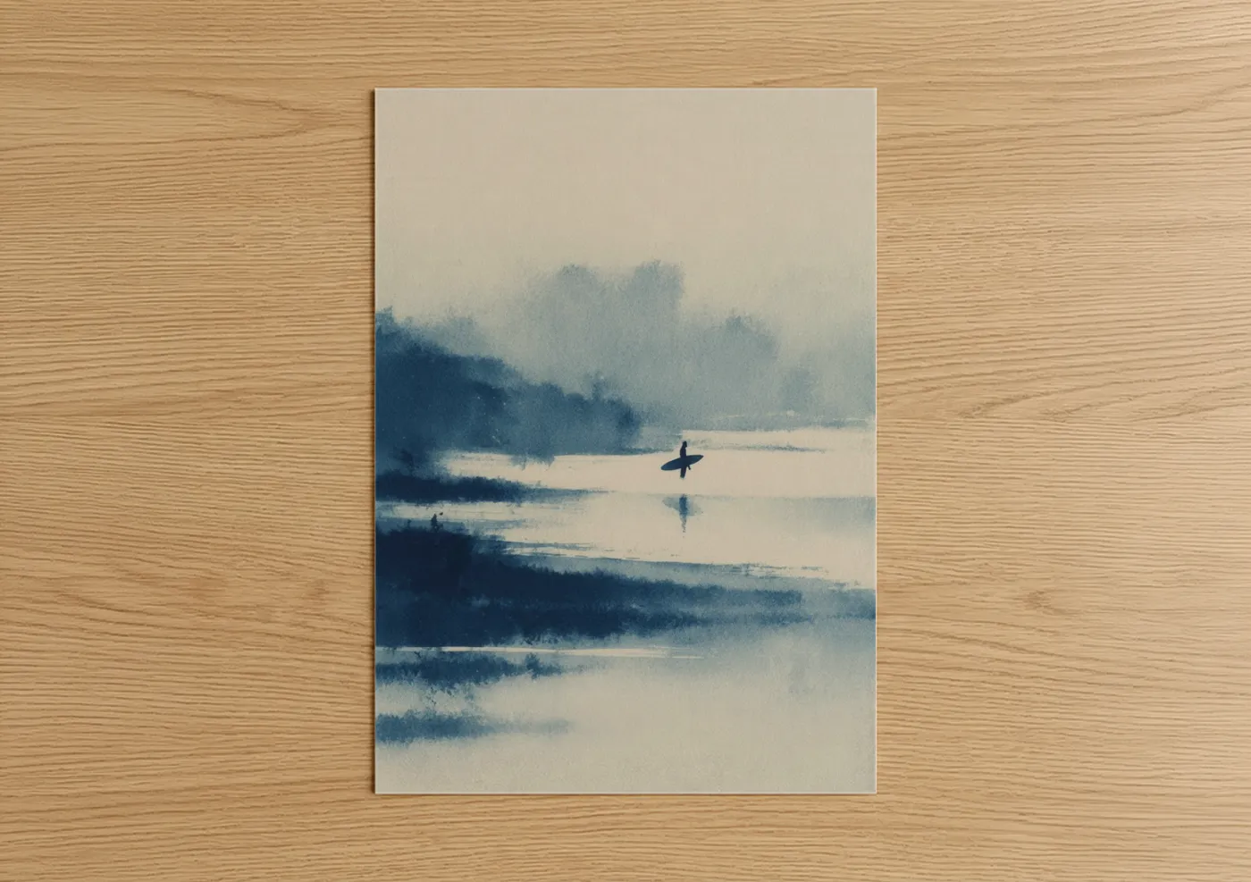 Misty Morning Surfer Watercolor Wall Art