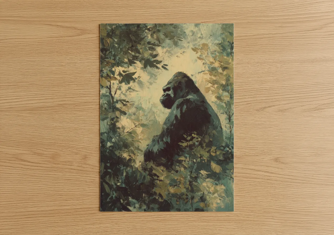 Art print on warm oak wood — gray and sage green palette — Forest Gorilla poster
