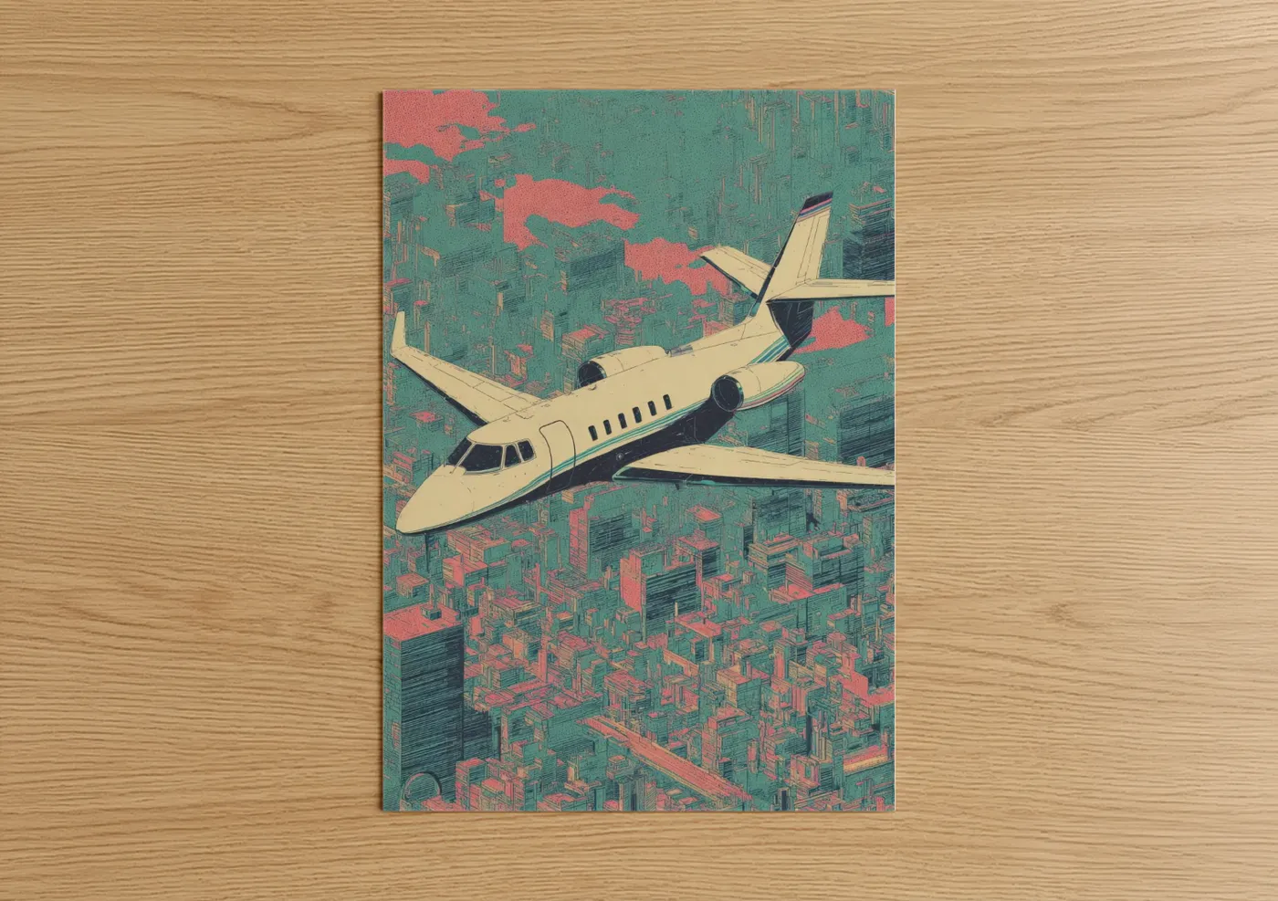 Private jet art print on warm oak wood — pink and teal palette — Urban Jet poster
