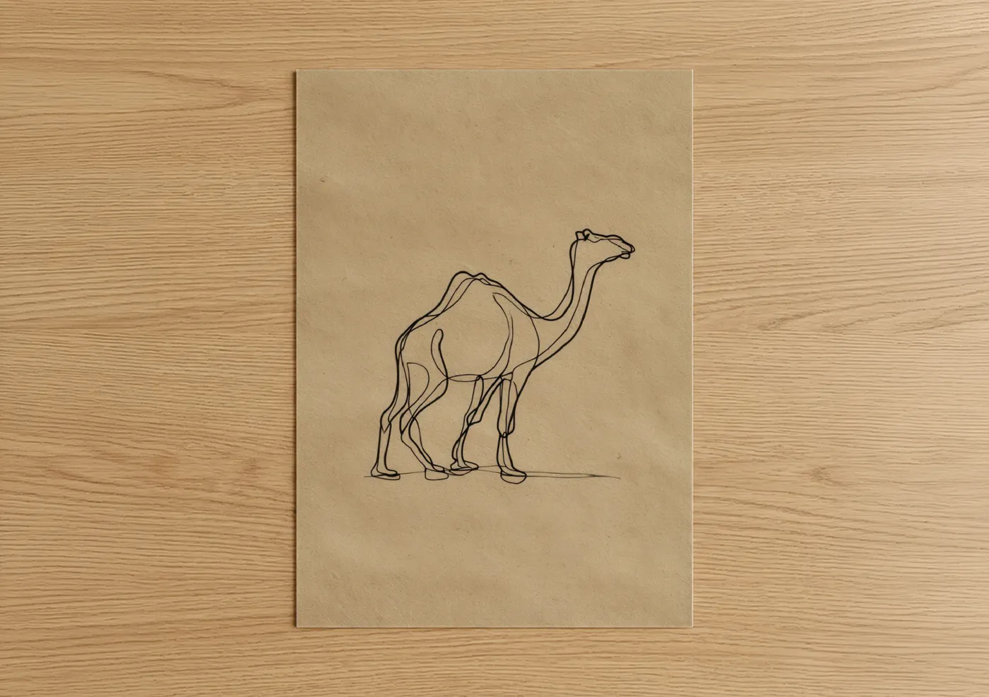 Art print on warm oak wood — beige and black palette — Minimalist Camel poster