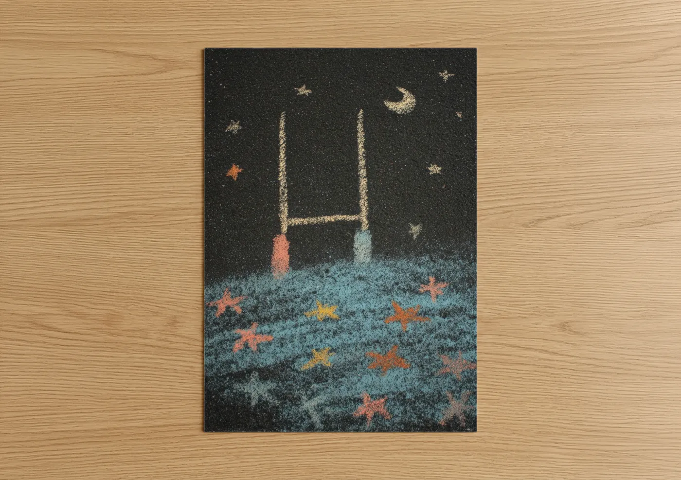Art print on warm oak wood — black and gold and blue and gold palette — Starlit Rugby poster