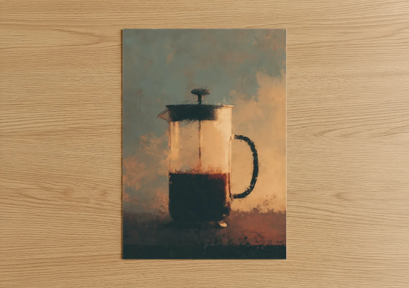 Kitchen utensils art print on warm oak wood — cream and gold palette — Morning Coffee Brew poster