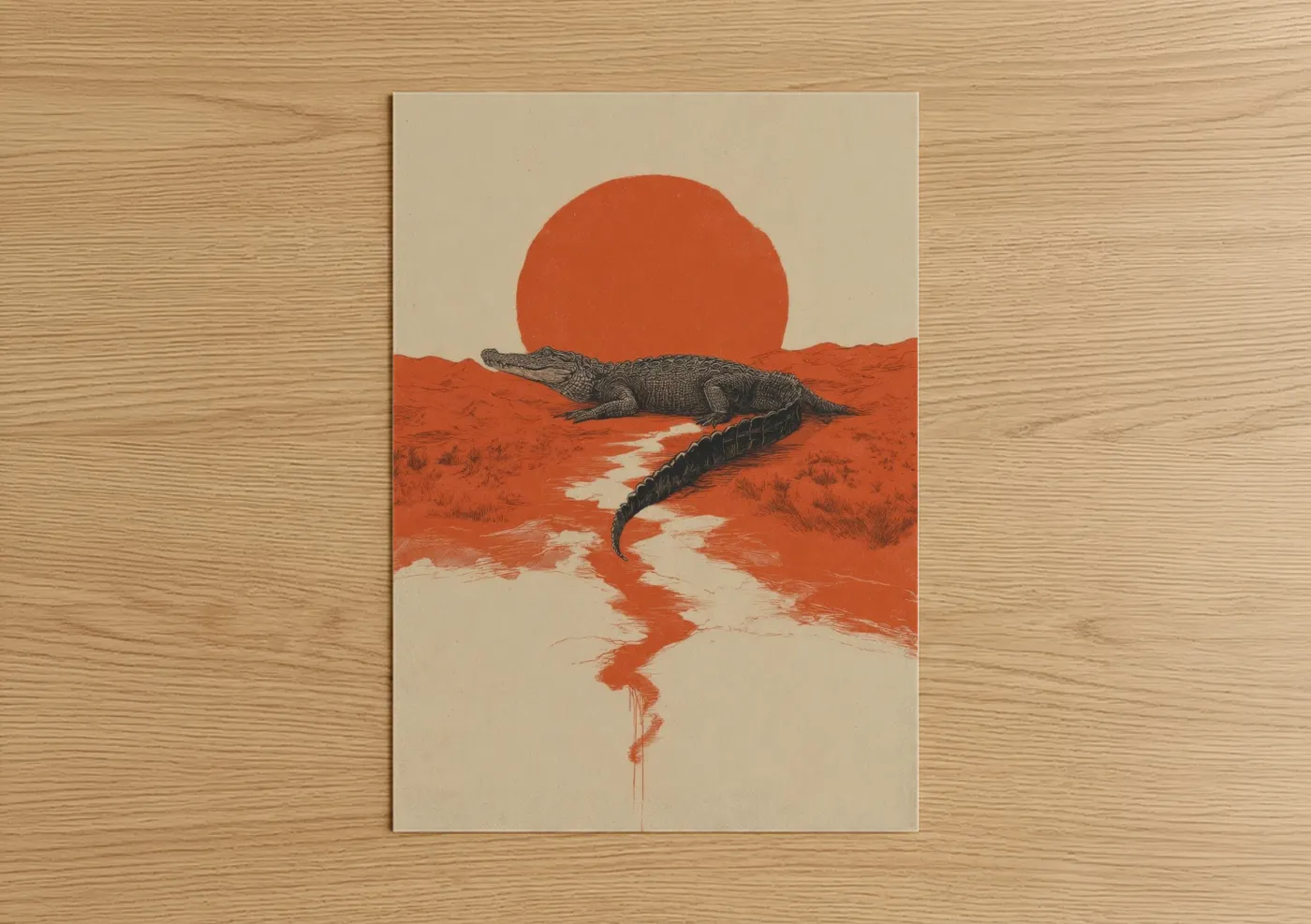 Art print on warm oak wood — cream palette — Desert Alligator poster