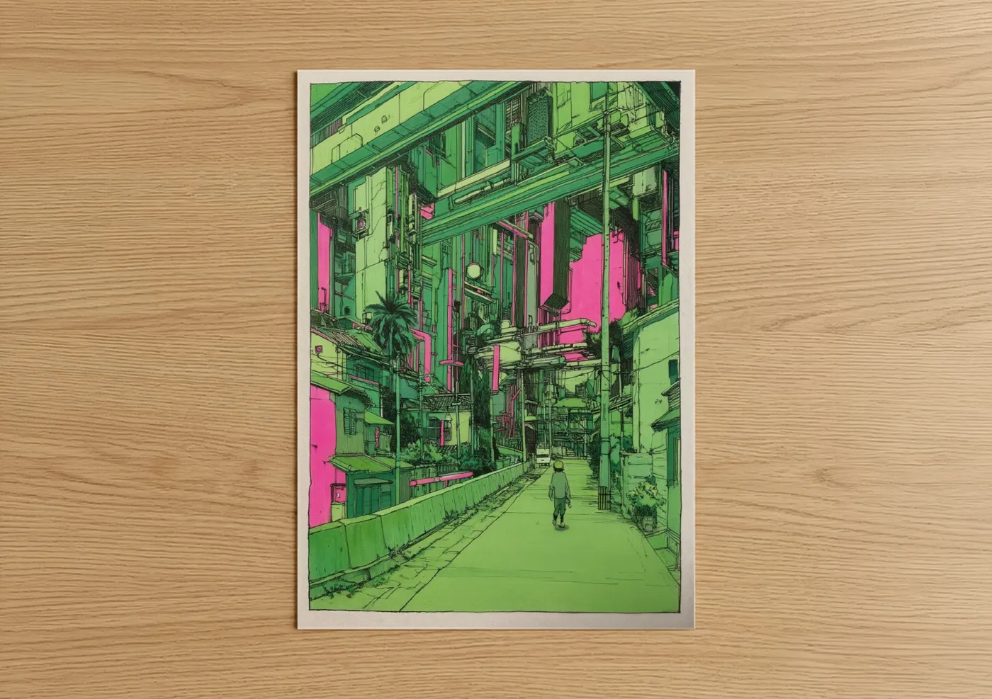 Abstract architecture art print on warm oak wood — green and magenta palette — Neon Alley Dreams poster