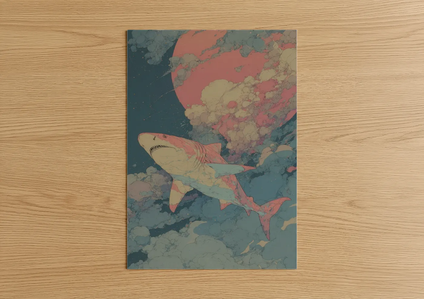 Sand tiger shark art print on warm oak wood — salmon pink and bermuda gray palette — Coral Sand Tiger poster