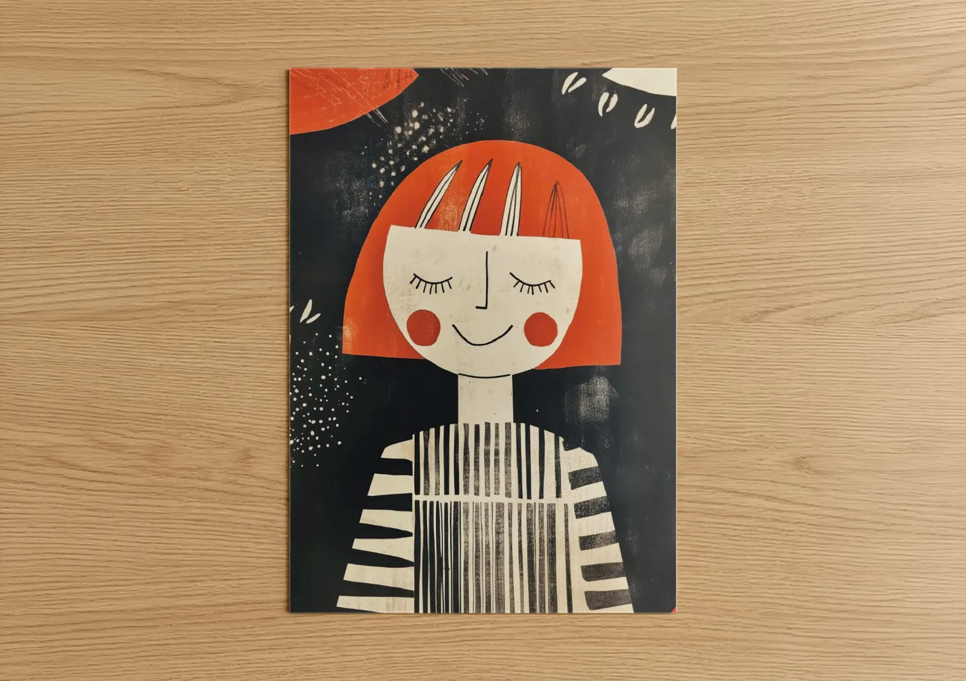 Happy Girl Orange Hair Modern Illustration Wall Art