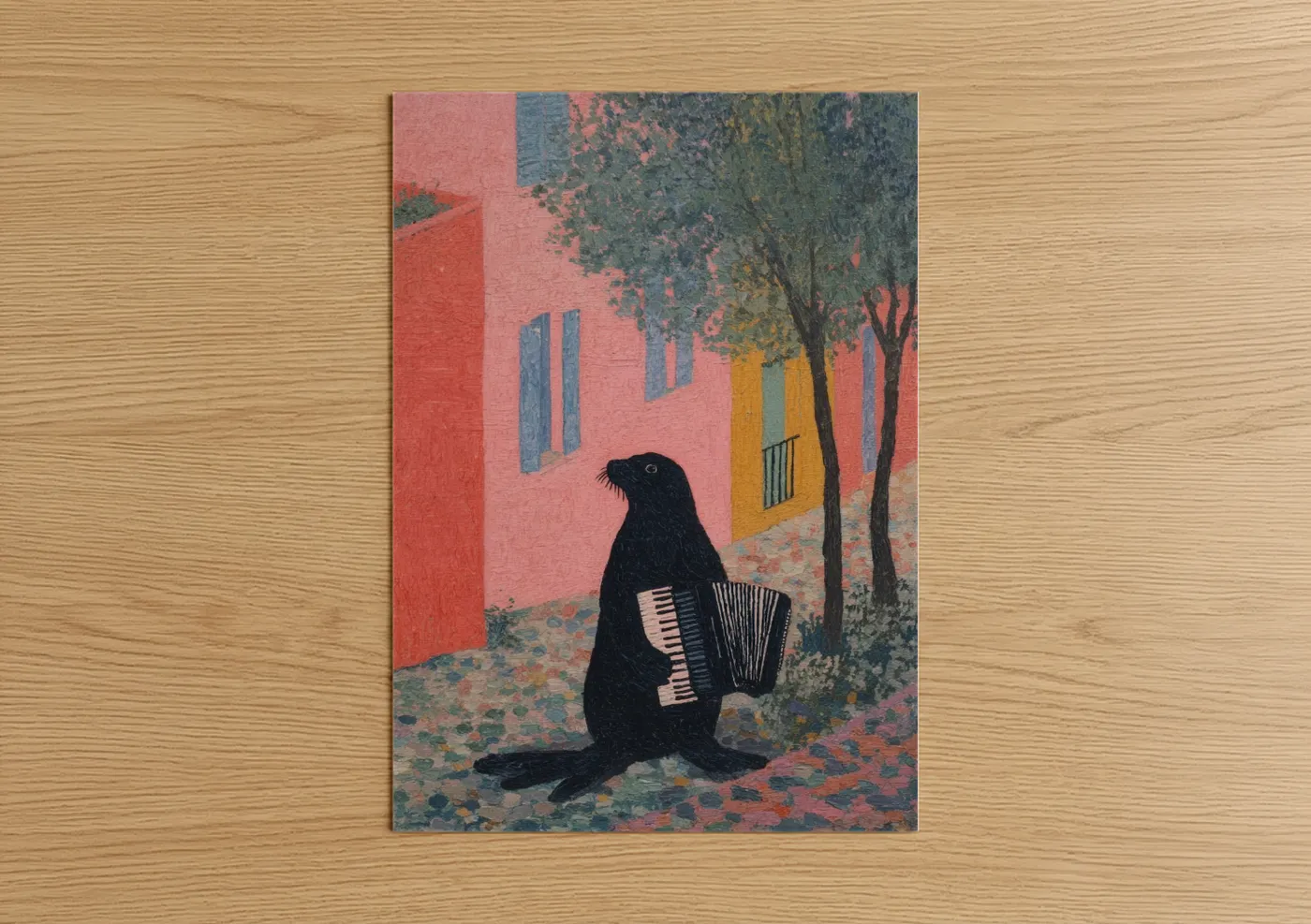 Art print on warm oak wood — salmon pink and teal palette — Musical Sea Lion poster