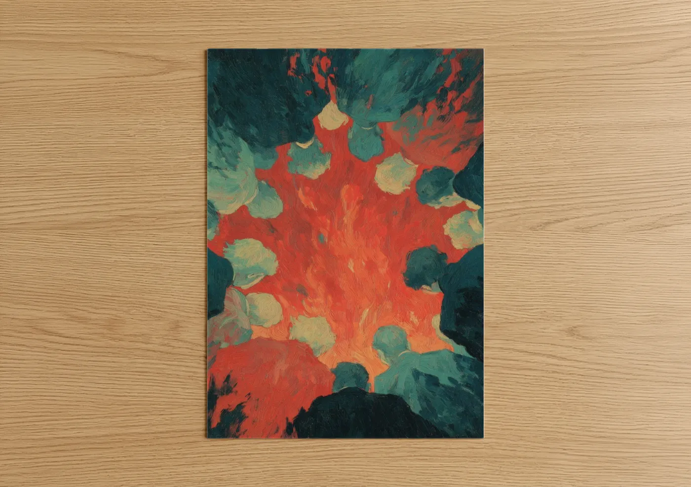 Art print on warm oak wood — red and teal palette — Pentecost Fire poster