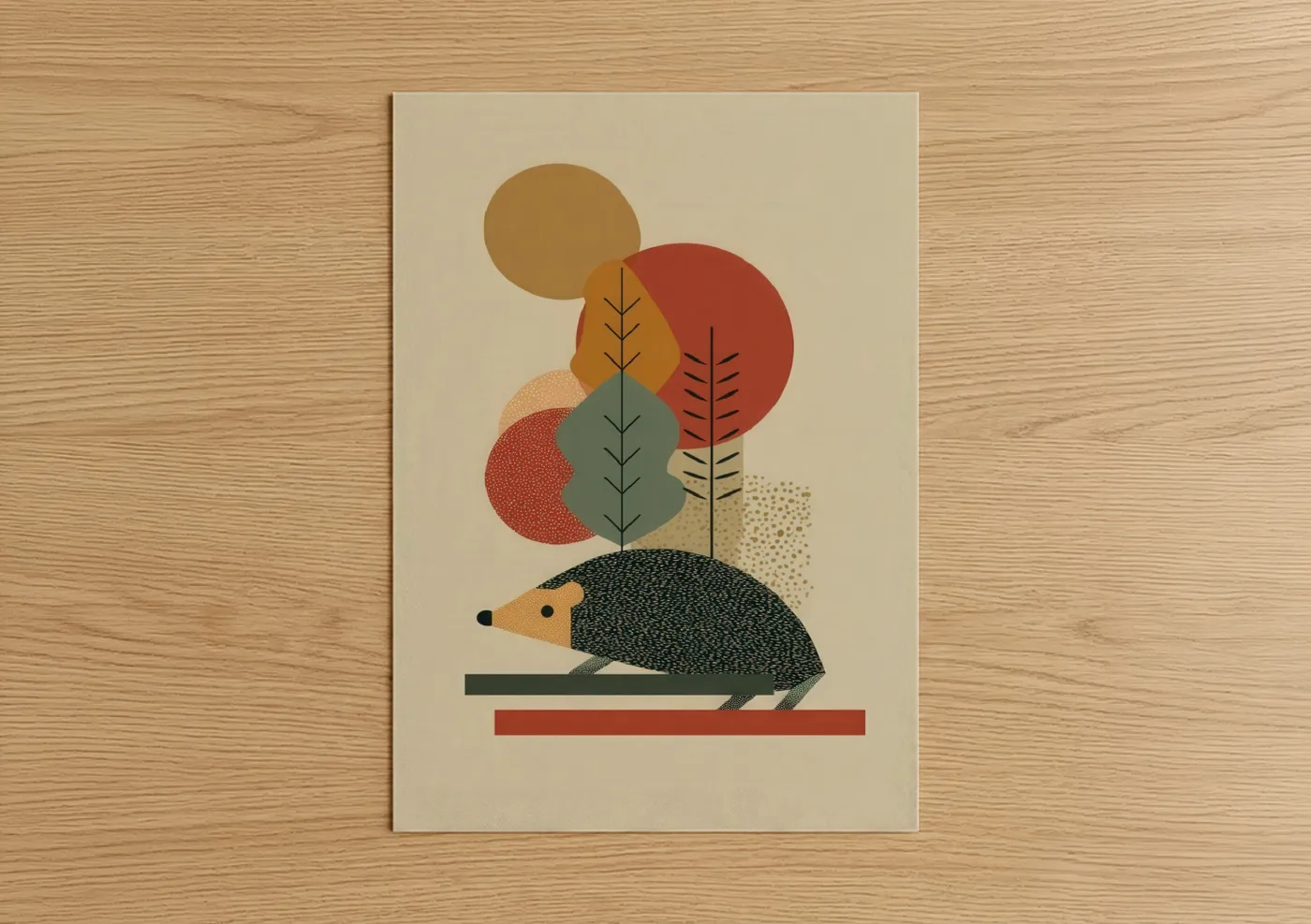 Art print on warm oak wood — russet and beige palette — Autumn Hedgehog poster