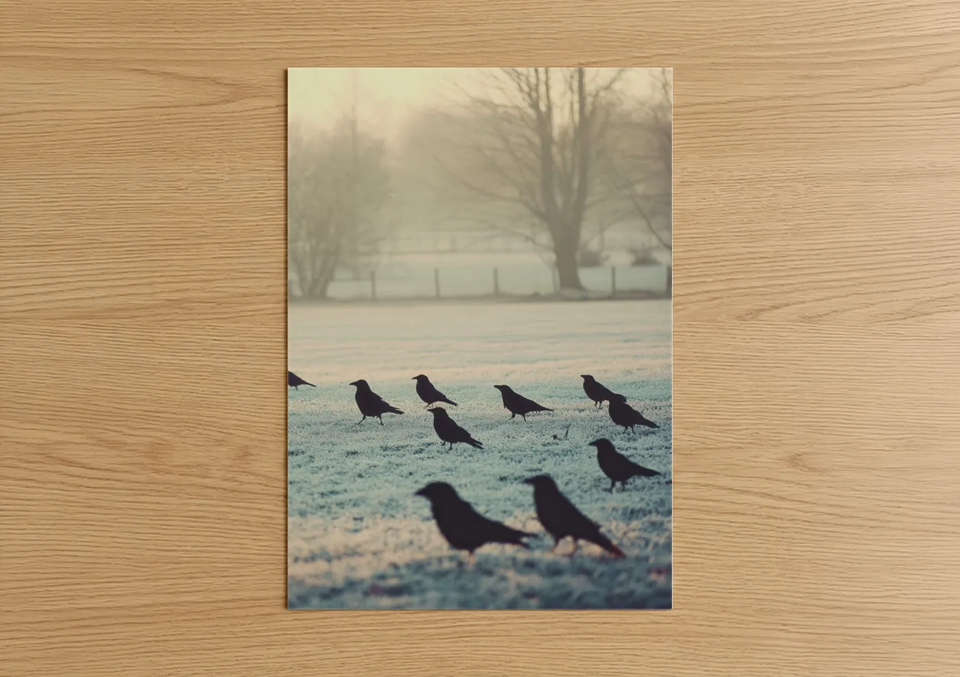 Crows and ravens art print on warm oak wood — gray and white and dove gray palette — Frosted Gathering poster