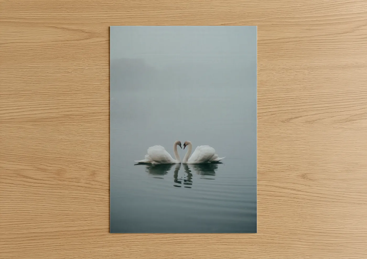 Art print on warm oak wood — gray and white and dove gray palette — Misty Swan Pair poster