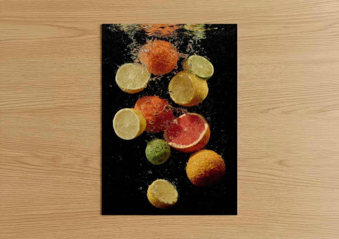 Fruit art print on warm oak wood — gold and orange palette — Citrus Splash poster
