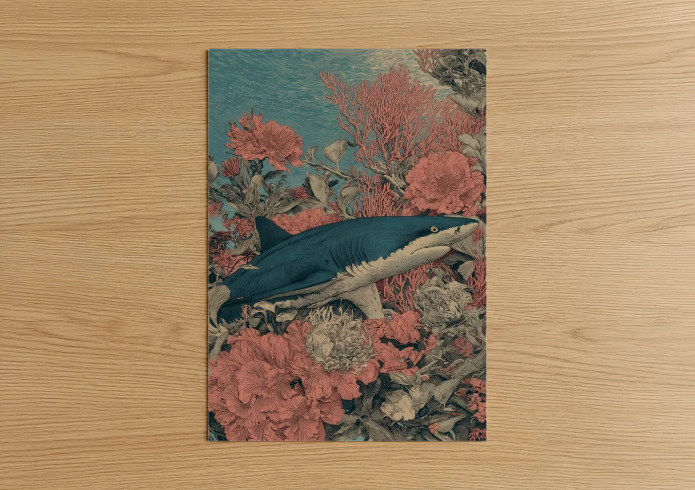 Blue Shark with Coral Garden Illustration Wall Art