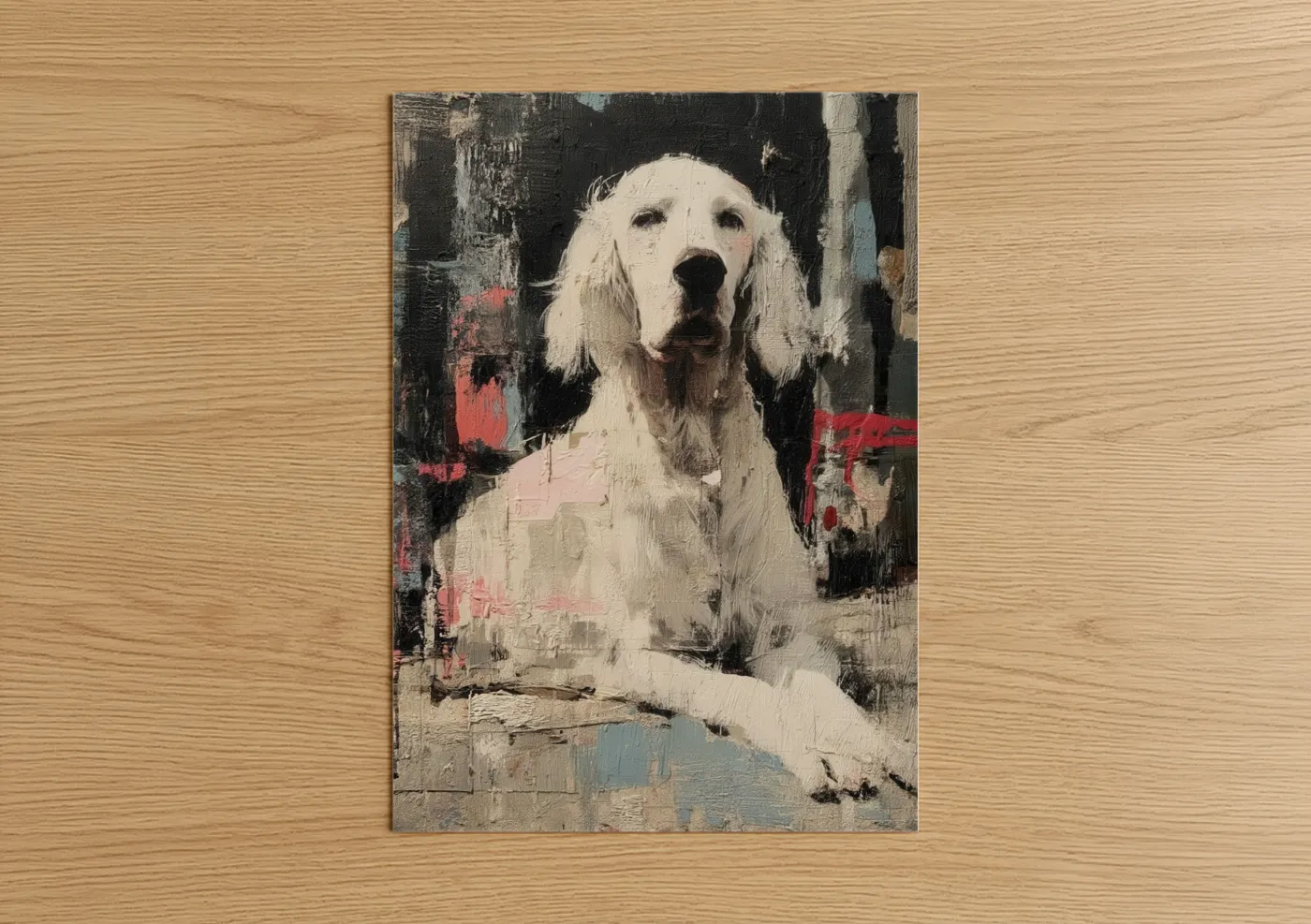 Art print on warm oak wood — black and salmon pink palette — Noble Setter Portrait poster