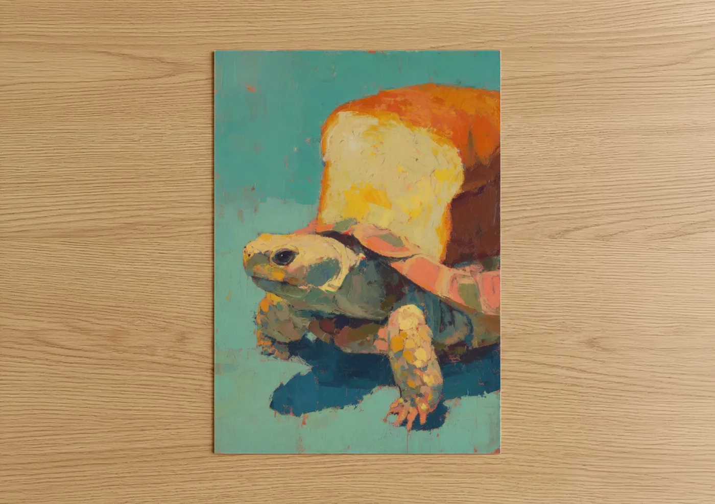 Art print on warm oak wood — gold and teal palette — Golden Turtle Portrait poster