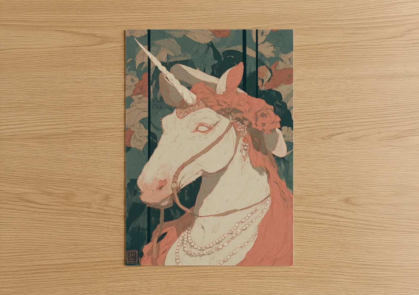 Unicorns art print on warm oak wood — cream and salmon pink palette — Ornate Unicorn poster