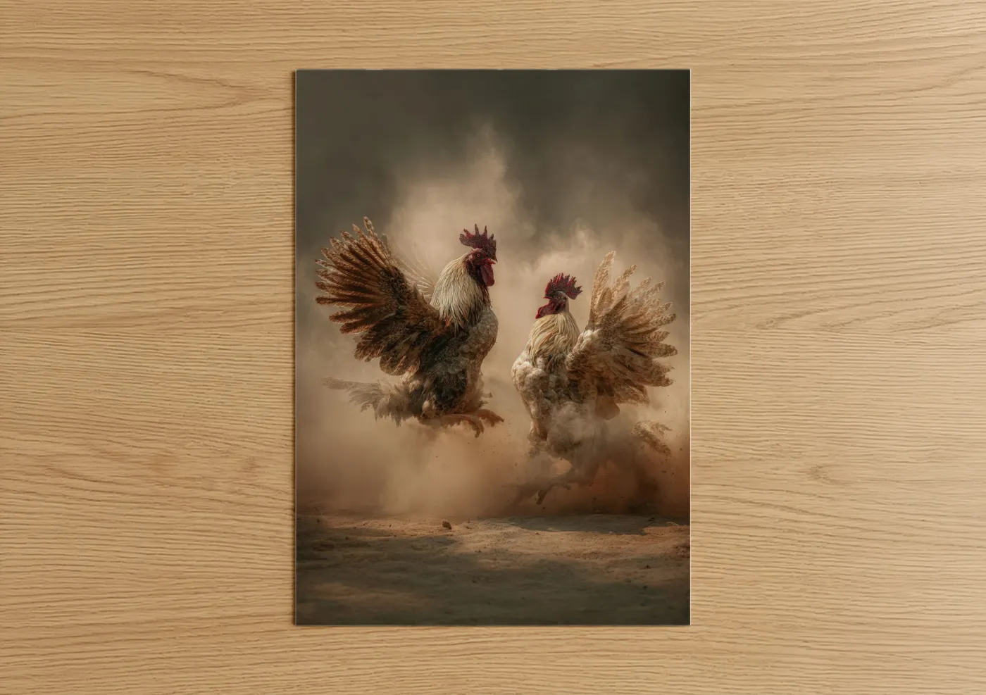 Chicken and roosters art print on warm oak wood — brown and cream palette — Dusty Rooster Pair poster