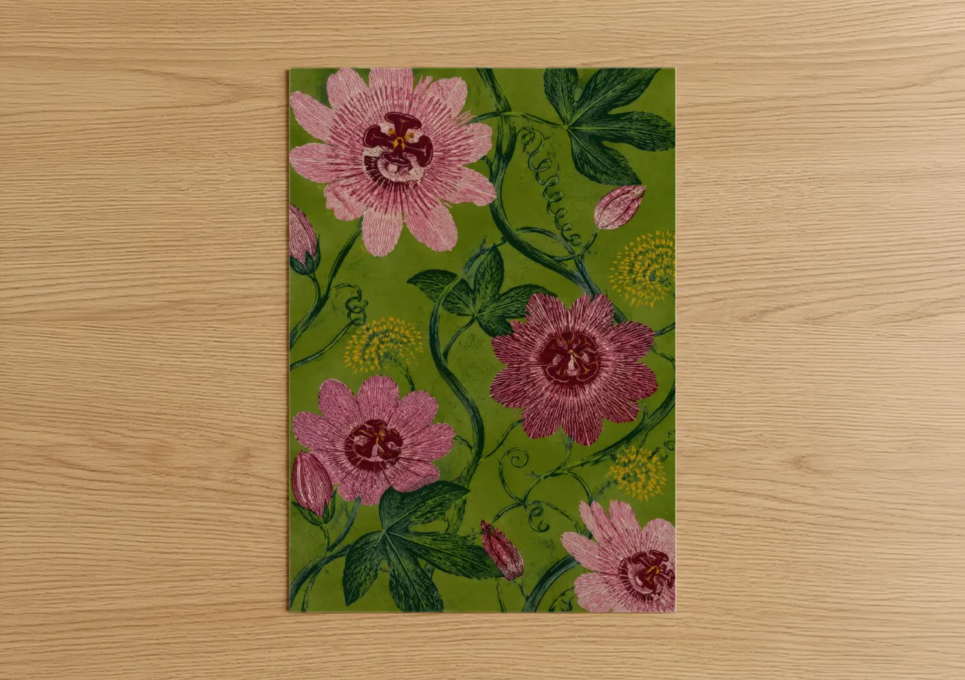 Art print on warm oak wood — olive and pink palette — Passion Flower Botanical Wall Art poster