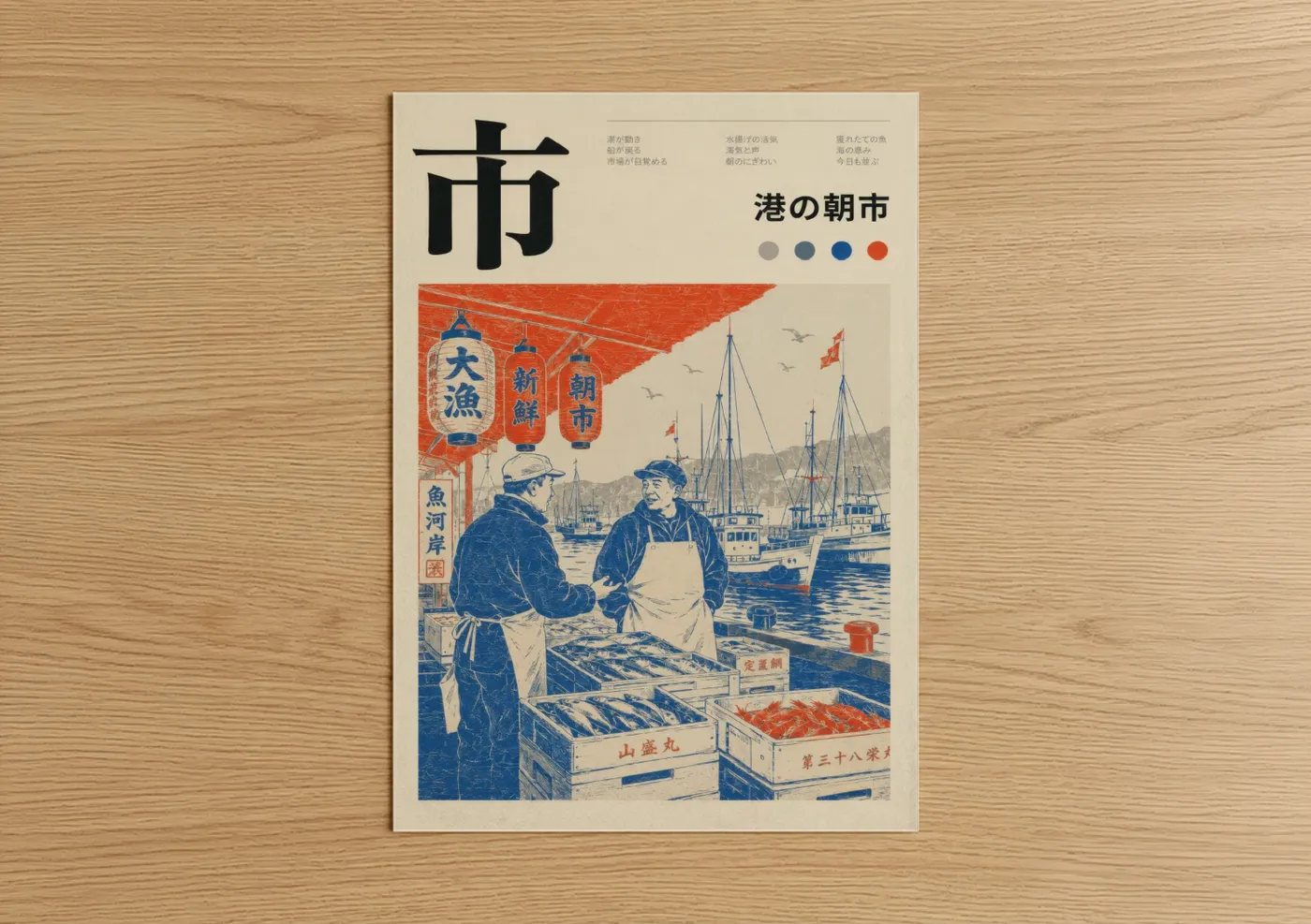 Port art print on warm oak wood — blue and orange palette — Japanese Fish Market Harbor Wall Art poster