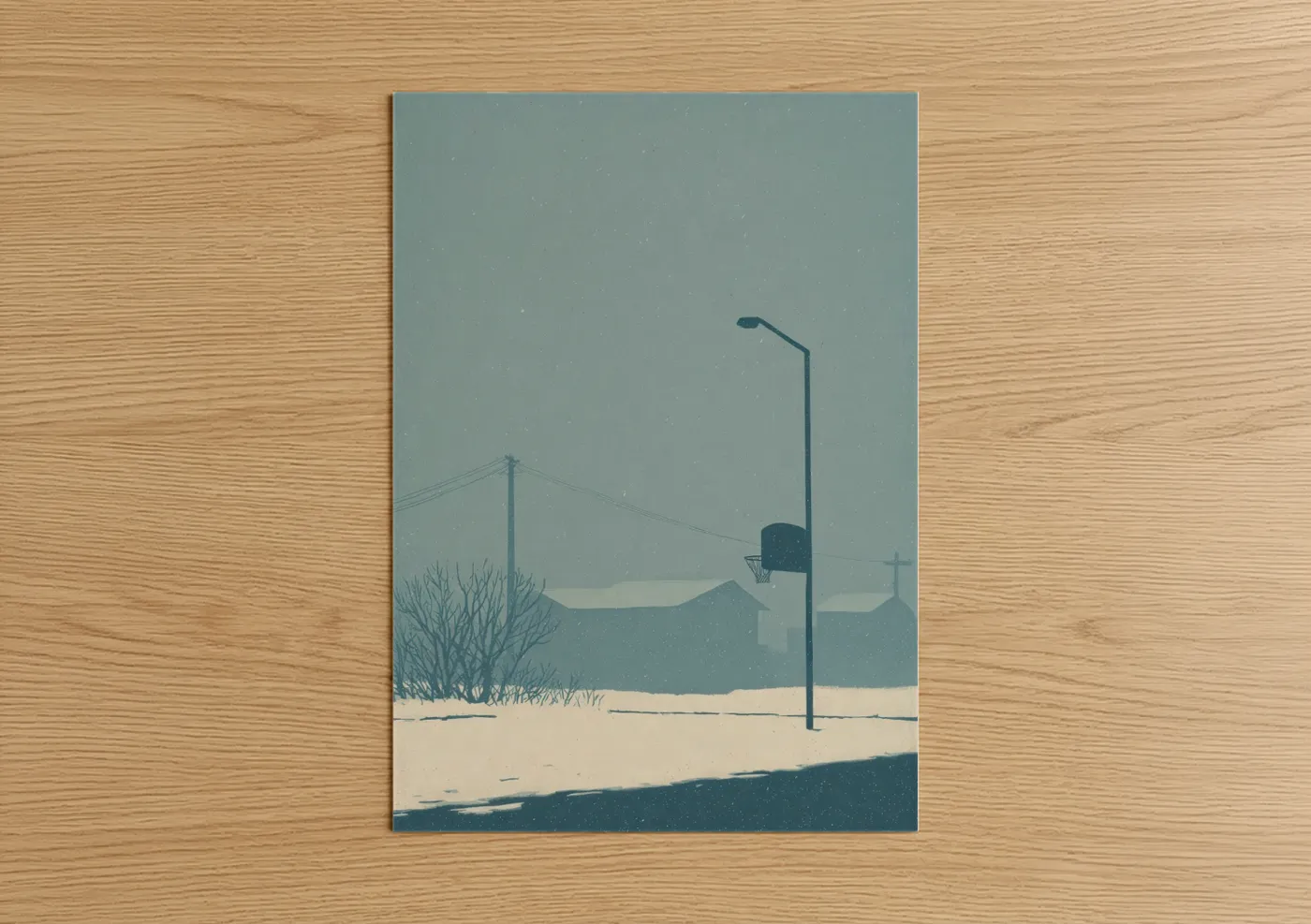 Art print on warm oak wood — dove gray and blue and white palette — Snowy Basketball Court poster