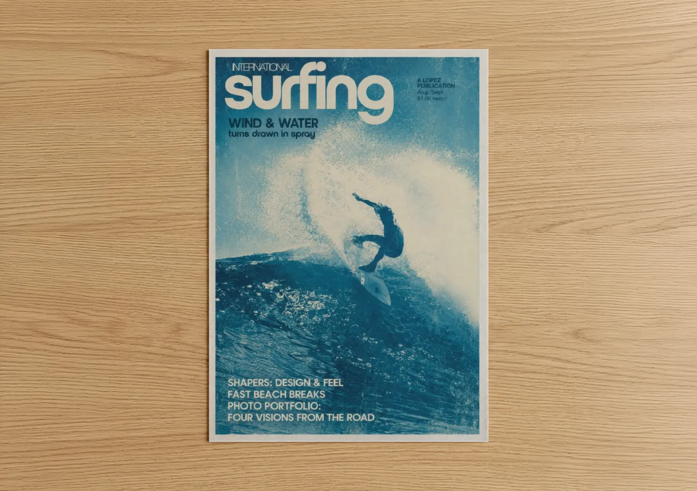 Art print on warm oak wood — blue and turquoise palette — Vintage Surfing Magazine Cover Wall Art poster