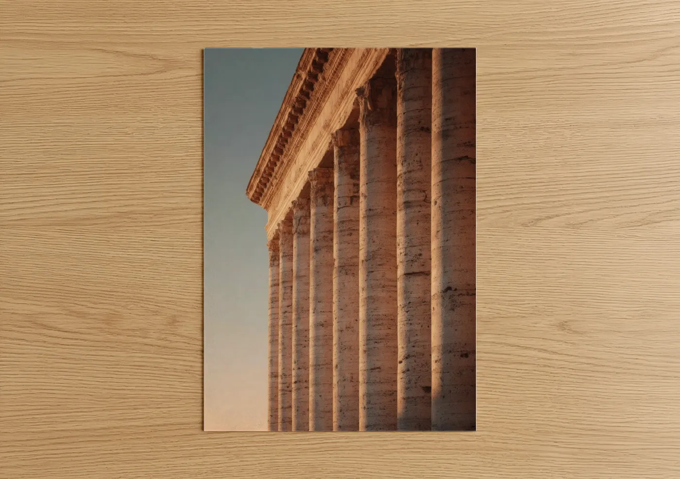Art print on warm oak wood — gold and russet palette — Golden Columns poster