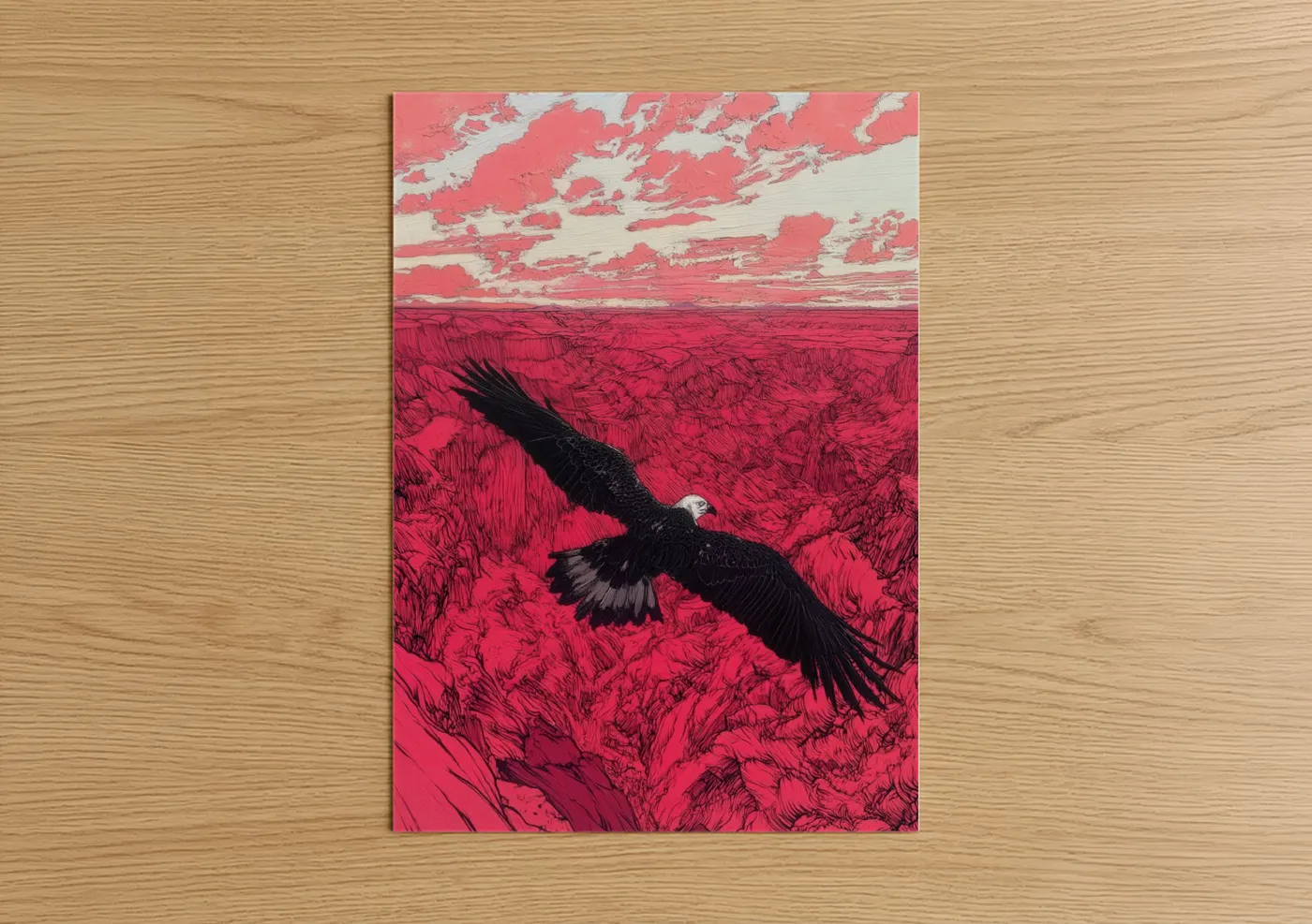 Art print on warm oak wood — magenta and cream palette — Crimson Eagle Flight poster
