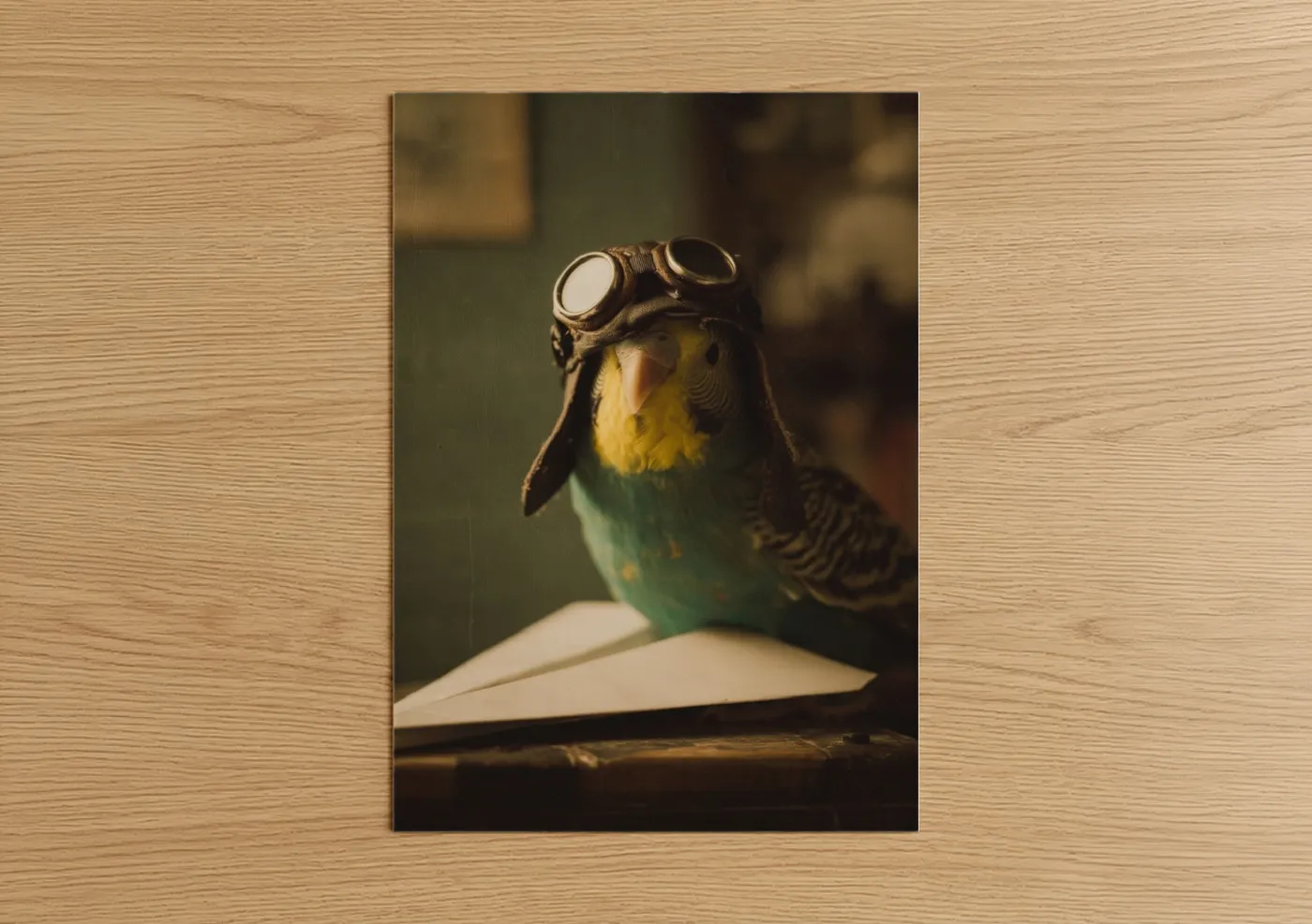 Budgeridar art print on warm oak wood — gold and dark green palette — Aviator Budgerigar poster
