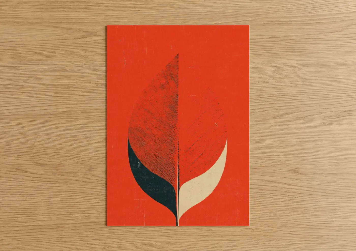 Thanksgiving art print on warm oak wood — red and black and white palette — Crimson Leaf Harvest poster