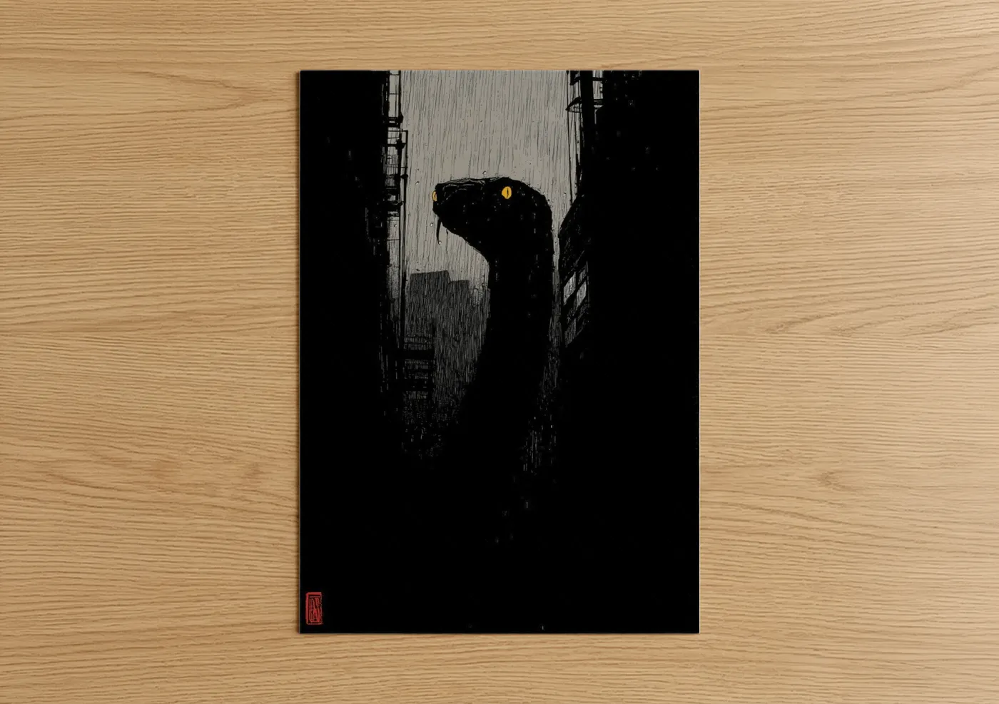 Art print on warm oak wood — black and black and white palette — Urban Python poster
