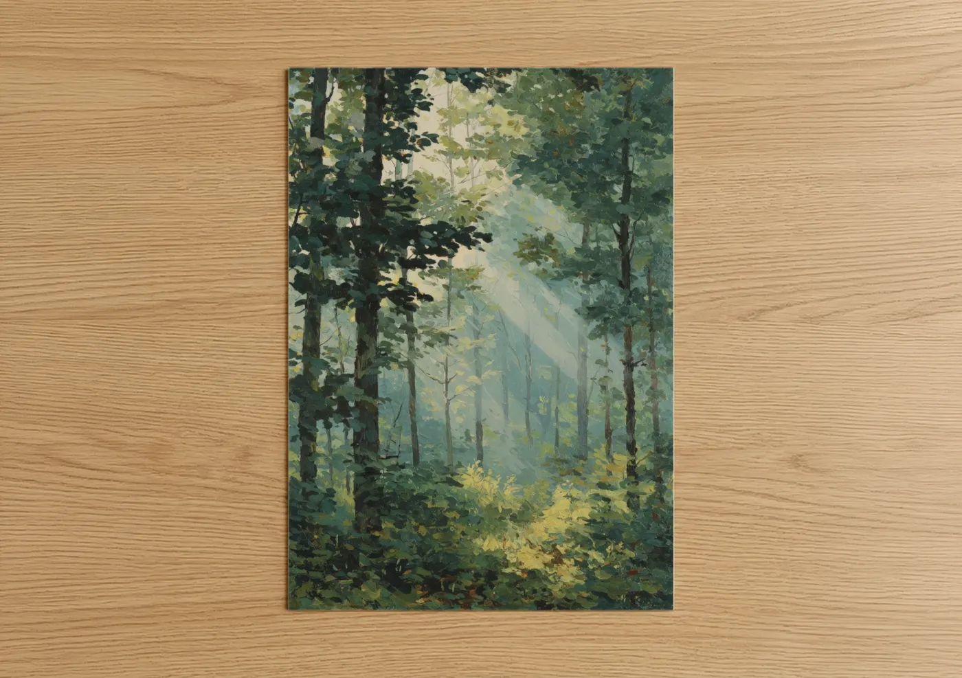 Linden tree art print on warm oak wood — green and blue and white palette — Misty Linden Forest poster