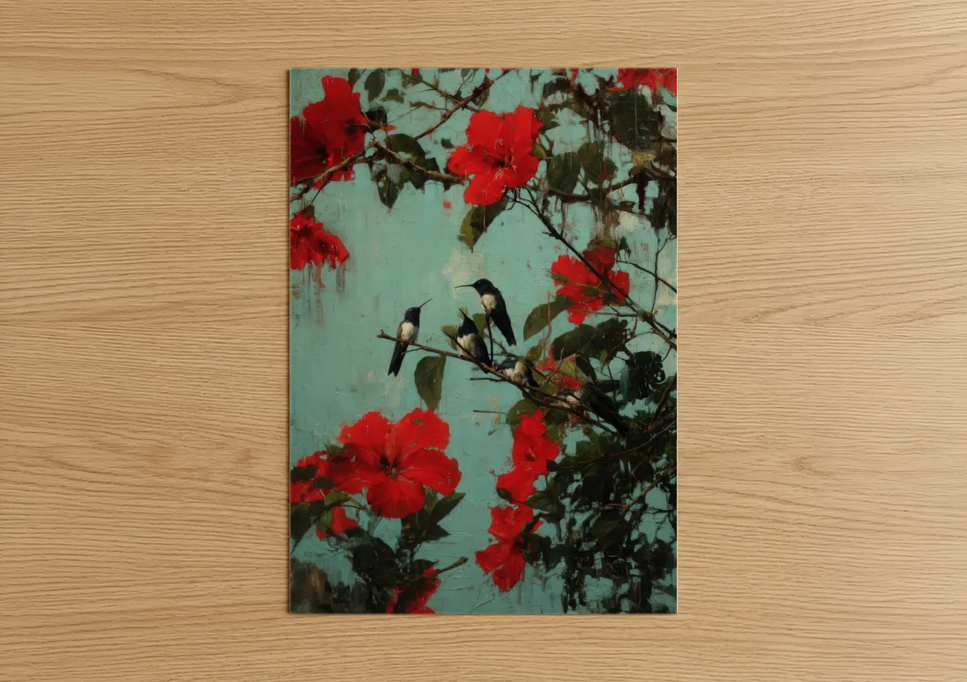 Crimson Blossom Hummingbirds in Turquoise Wall Art