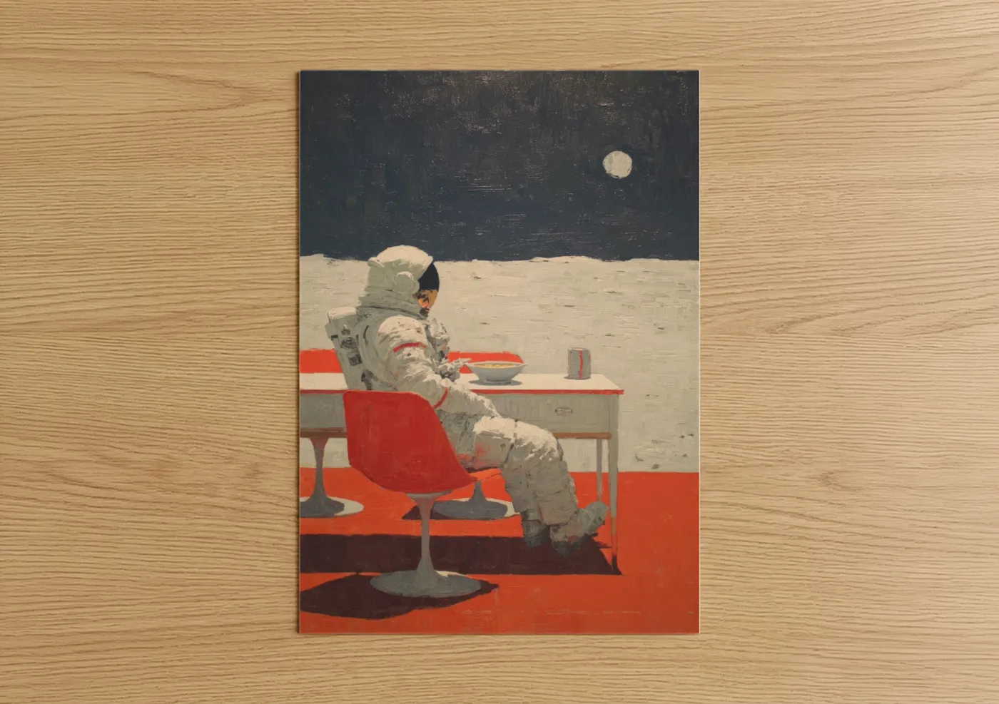 Astronaut art print on warm oak wood — red and black palette — Lunar Solitude poster