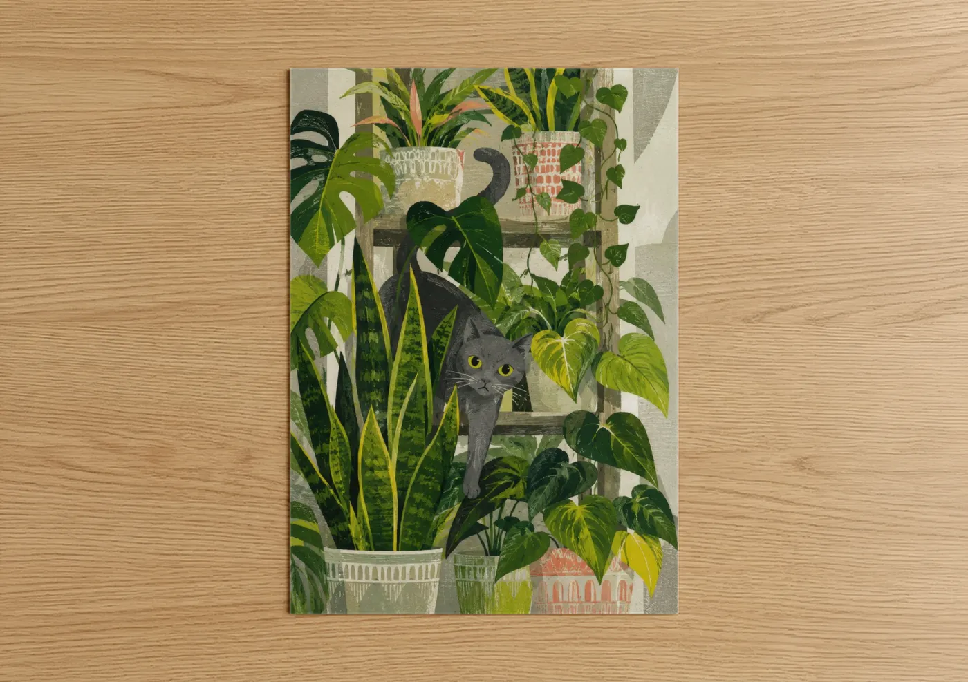 Art print on warm oak wood — true green and gray palette — Gray Cat Among Potted Plants Wall Art poster