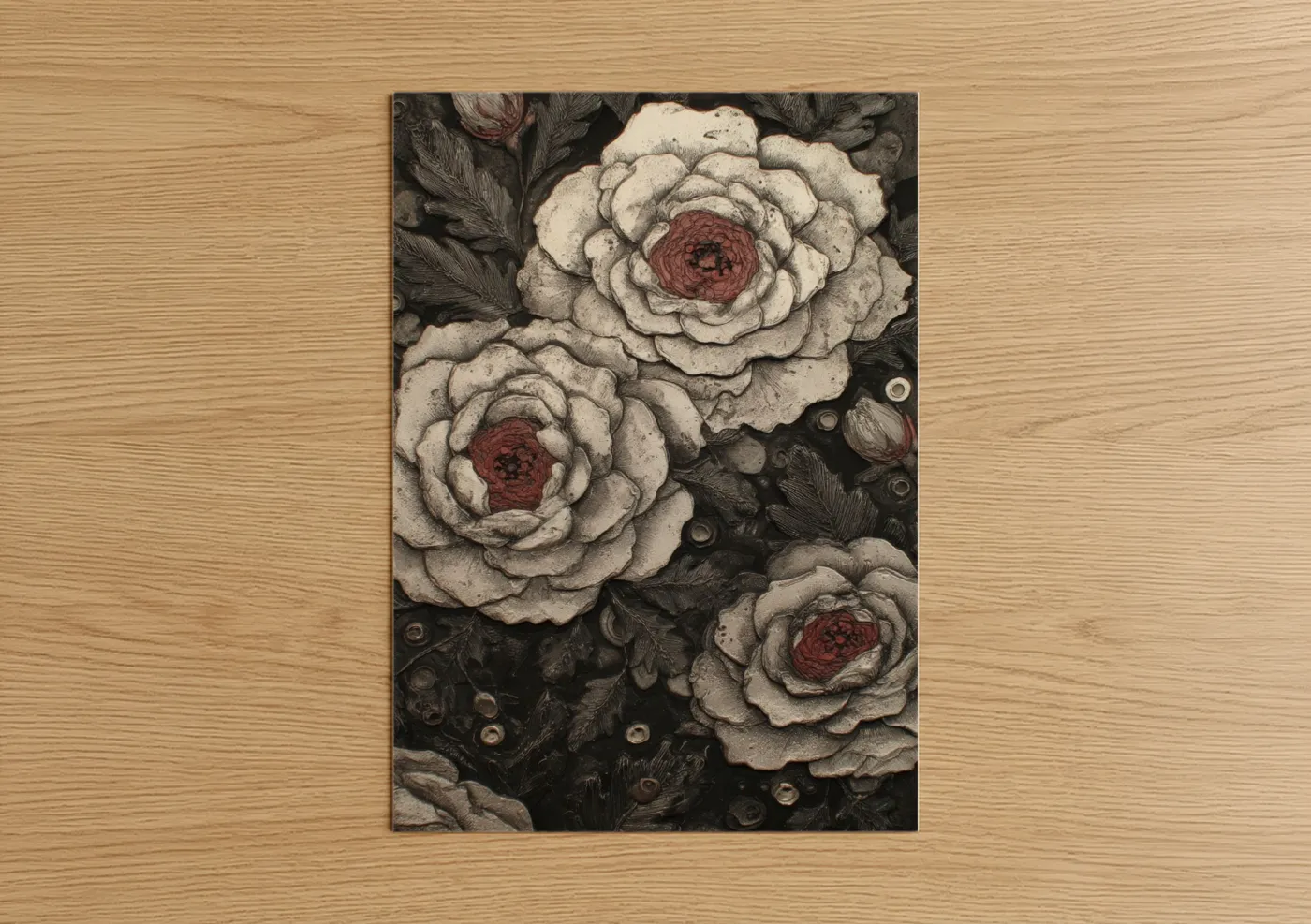 Art print on warm oak wood — black and white and maroon palette — Crimson Garden Roses poster
