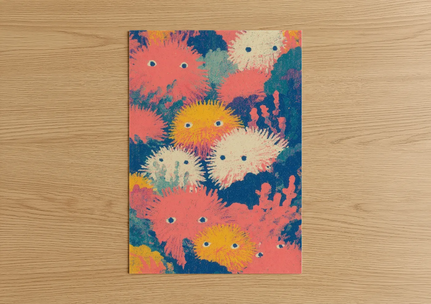 Art print on warm oak wood — pink and teal palette — Vibrant Sea Urchins poster