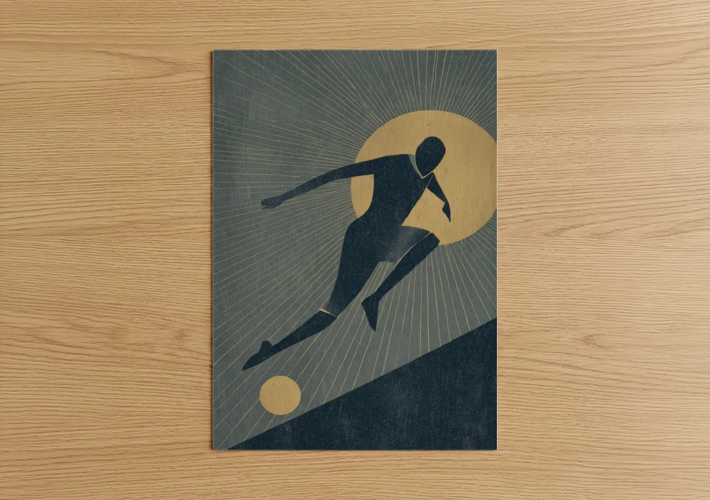 Art print on warm oak wood — gold and dark blue palette — Dynamic Soccer Player poster