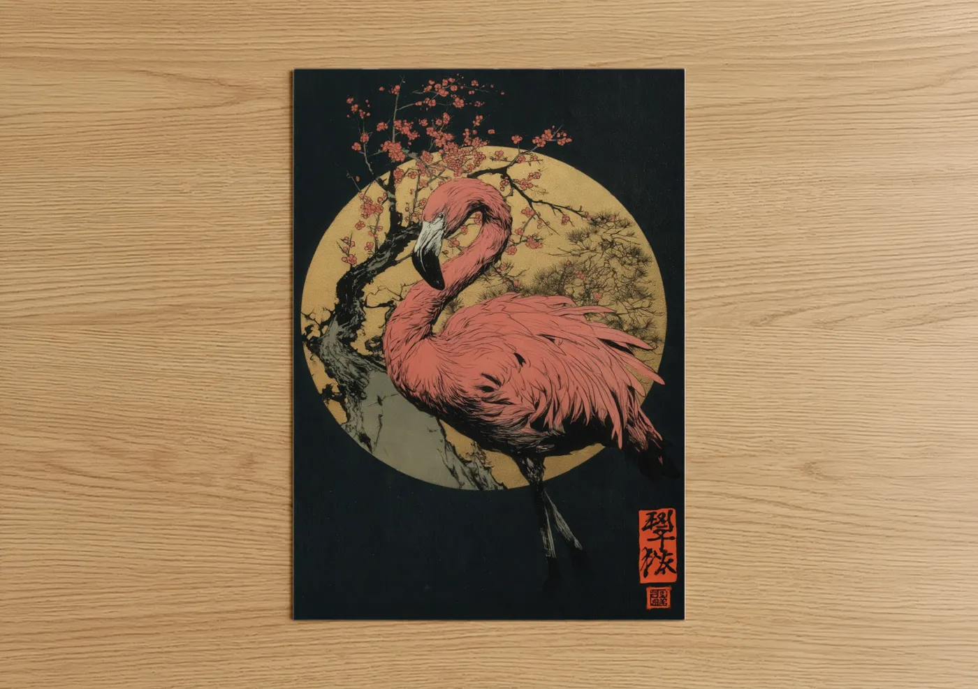 Art print on warm oak wood — salmon pink and gold palette — Blossom Flamingo poster