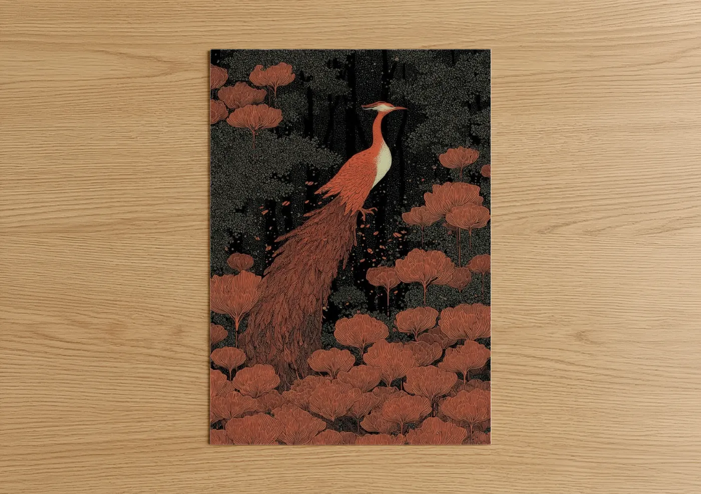 Dreamscape art print on warm oak wood — russet and black palette — Coral Peacock Dream poster