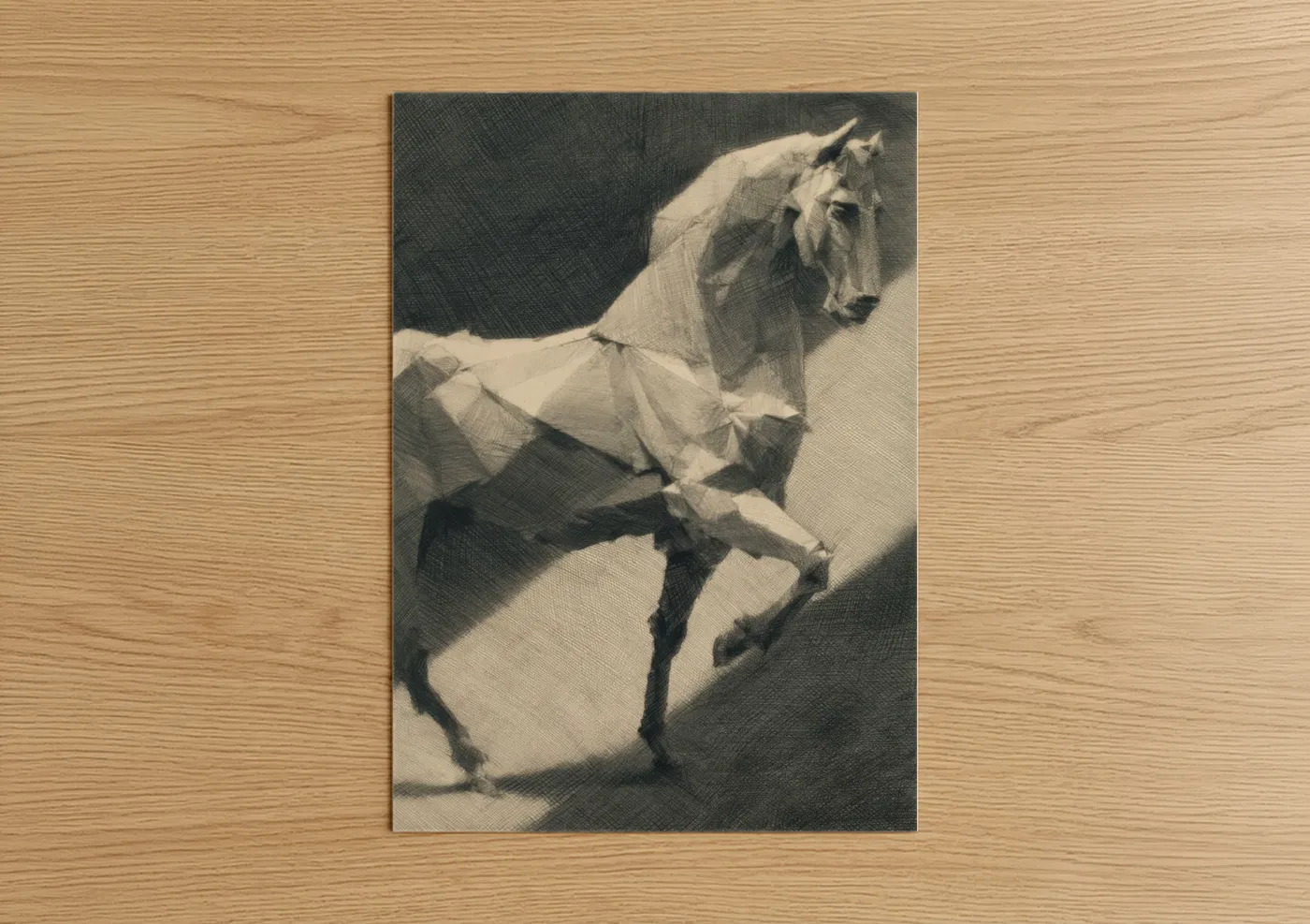 Andalusian horse art print on warm oak wood — black and white and gray palette — Prancing Andalusian poster