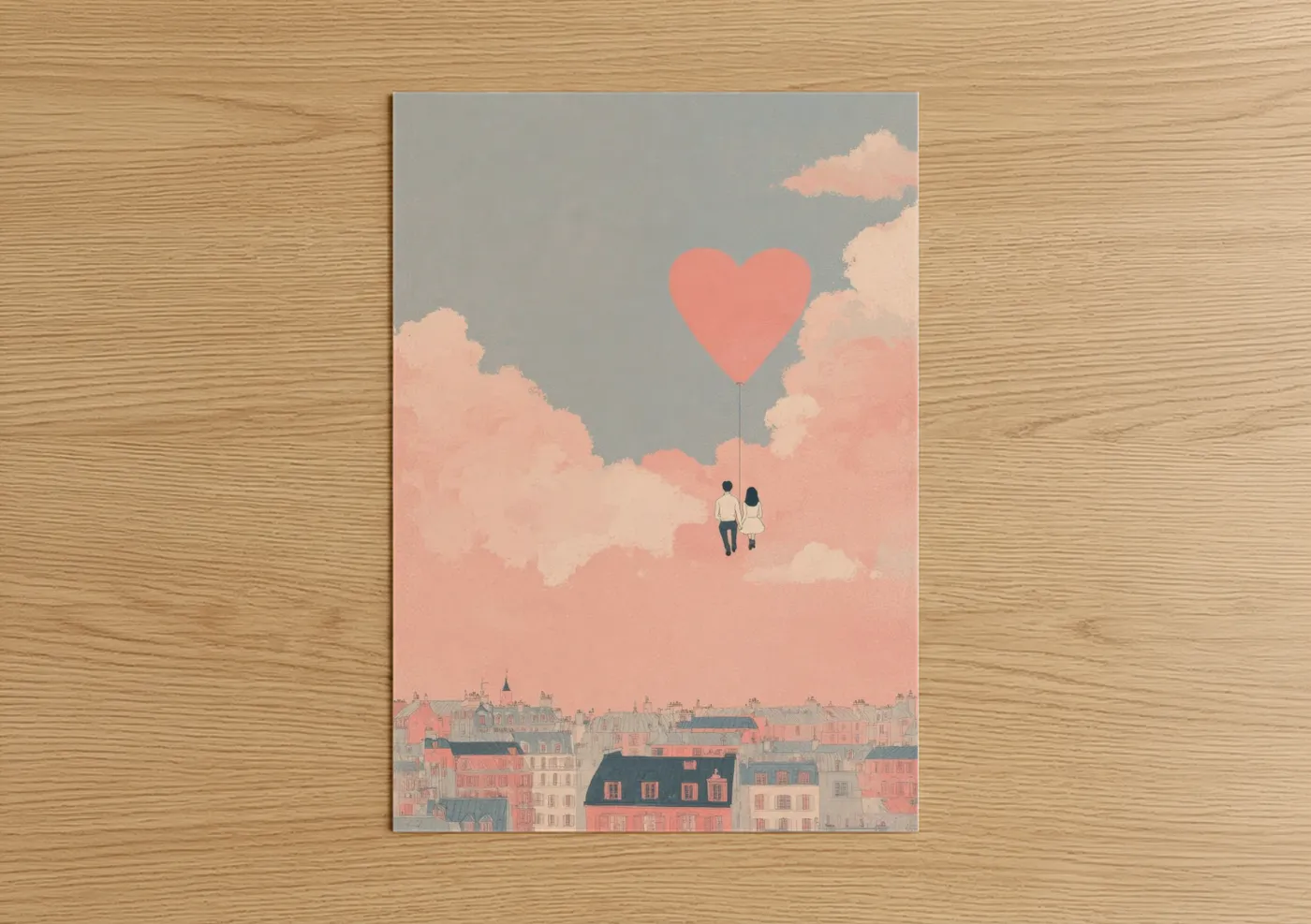 Couple Heart Balloon Cloud Illustration Wall Art